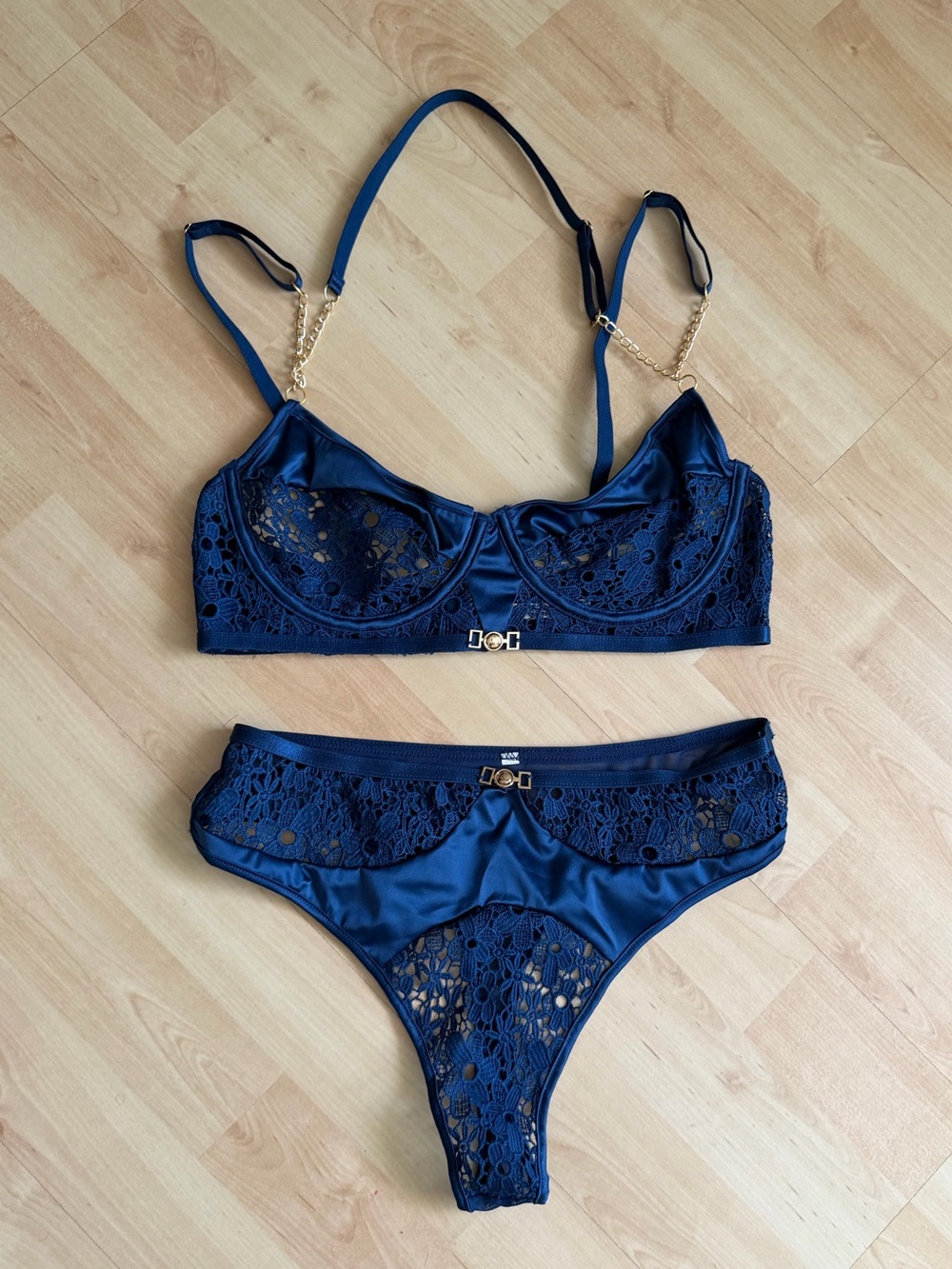 Roma Navy Blue Lace Satin Bra & High-Cut Panty Set